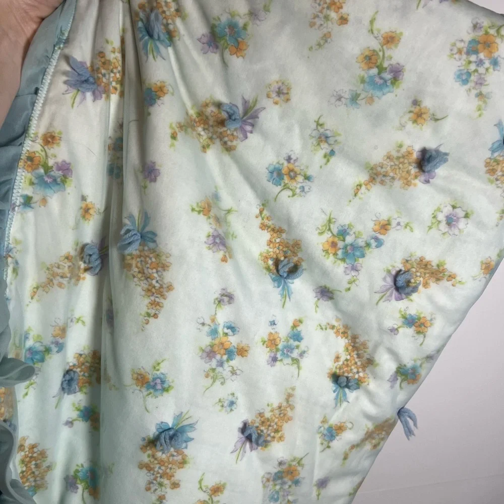 Vintage Floral Baby Blanket Blue Ruffle Trim Cottagecore Nursery 46in